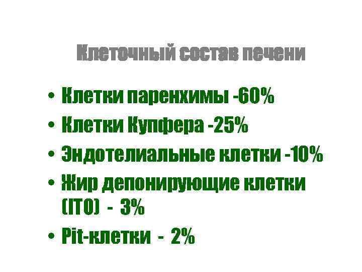 Клеточный состав печени • • Клетки паренхимы -60% Клетки Купфера -25% Эндотелиальные клетки -10%
