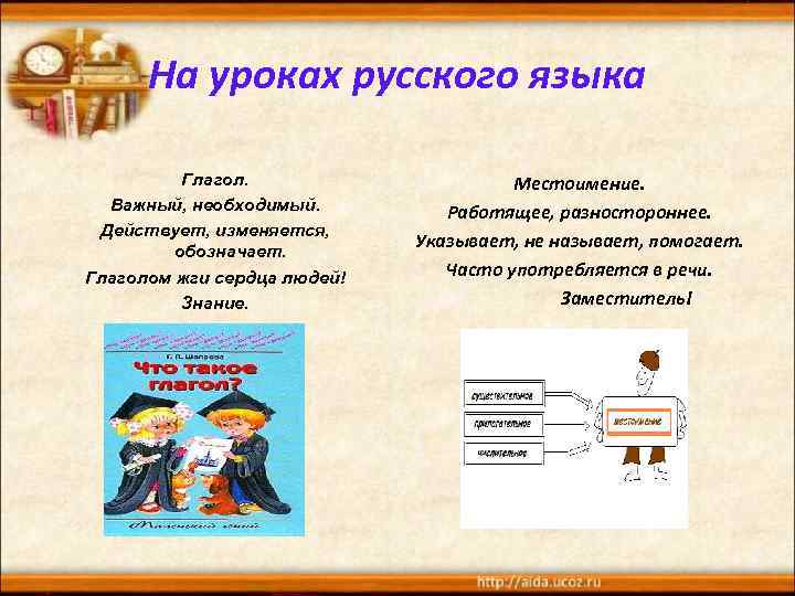 На уроках русского языка Глагол. Важный, необходимый. Действует, изменяется, обозначает. Глаголом жги сердца людей!