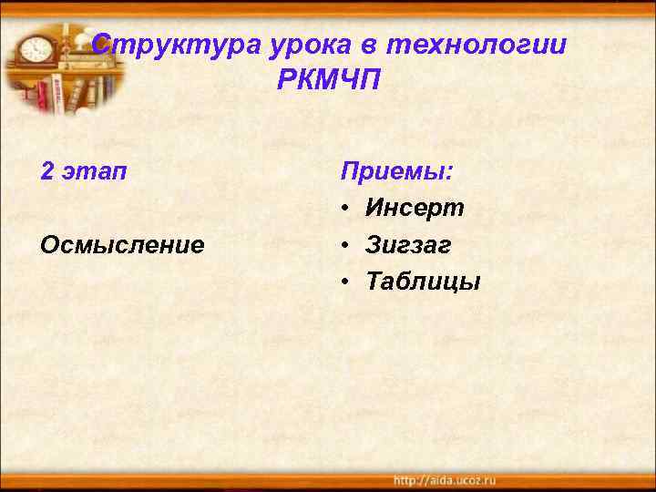 Структура урока в технологии РКМЧП 2 этап Осмысление Приемы: • Инсерт • Зигзаг •