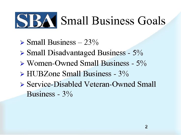 Small Business Goals Small Business – 23% Ø Small Disadvantaged Business - 5% Ø