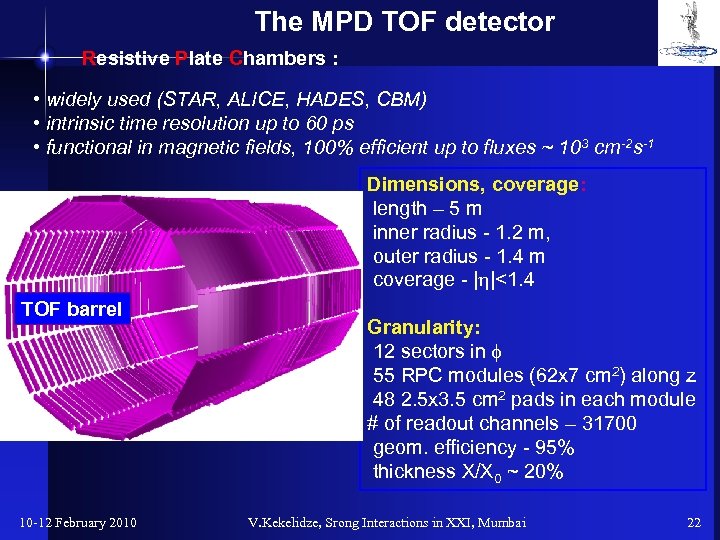  The MPD TOF detector Resistive Plate Chambers : • widely used (STAR, ALICE,