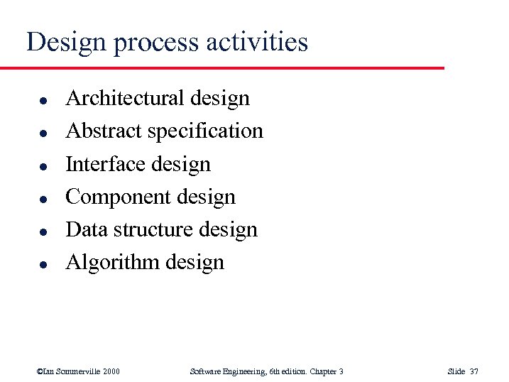 Design process activities l l l Architectural design Abstract specification Interface design Component design