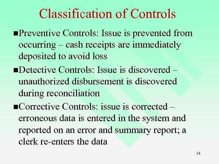 Classification of Controls n. Preventive Controls: Issue is prevented from occurring – cash receipts