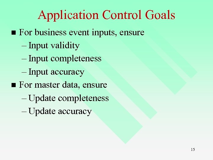 Application Control Goals For business event inputs, ensure – Input validity – Input completeness