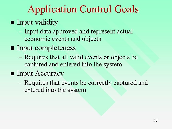 Application Control Goals n Input validity – Input data approved and represent actual economic