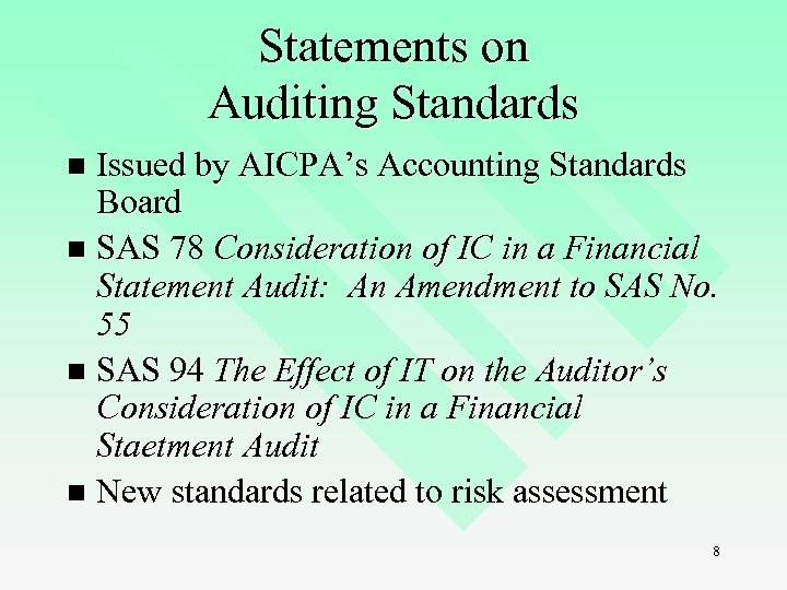 Statements on Auditing Standards Issued by AICPA’s Accounting Standards Board n SAS 78 Consideration