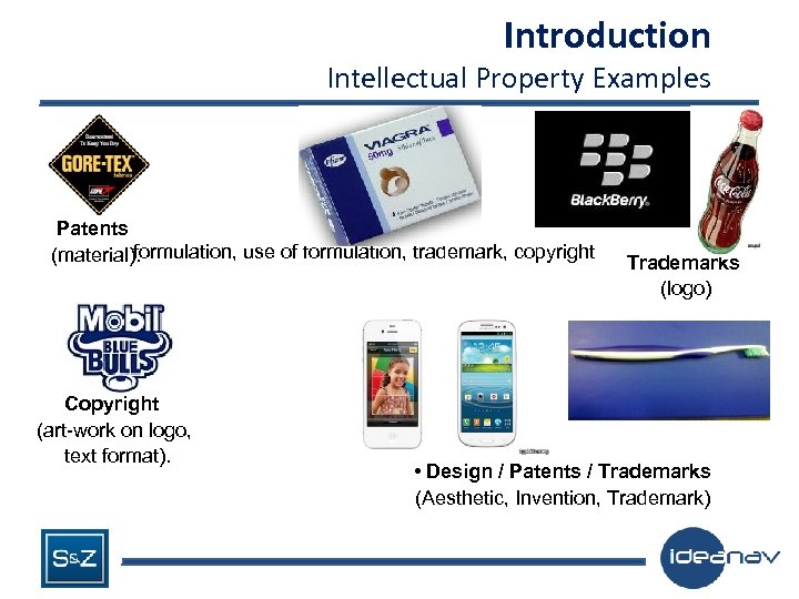 Introduction Intellectual Property Examples Patents formulation, use of formulation, trademark, copyright (material). Copyright (art-work