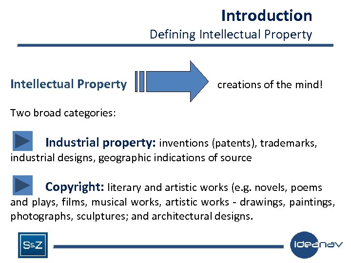 Introduction Defining Intellectual Property creations of the mind! Two broad categories: Industrial property: inventions