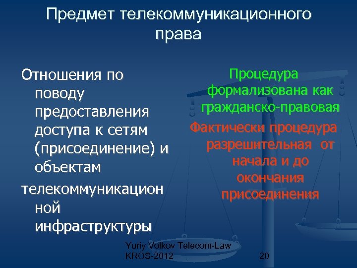 Предмет телекоммуникационного права Отношения по поводу предоставления доступа к сетям (присоединение) и объектам телекоммуникацион