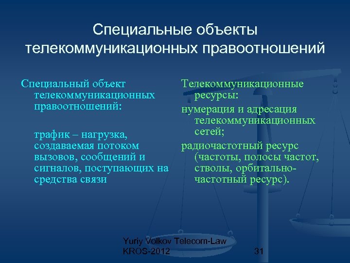 Специальные объекты телекоммуникационных правоотношений Специальный объект телекоммуникационных правоотношений: трафик – нагрузка, создаваемая потоком вызовов,