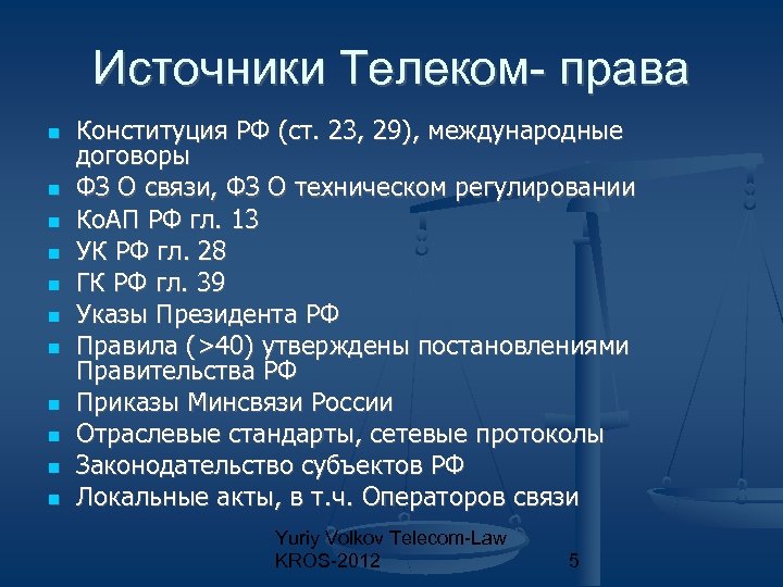Источники Телеком- права Конституция РФ (ст. 23, 29), международные договоры ФЗ О связи, ФЗ