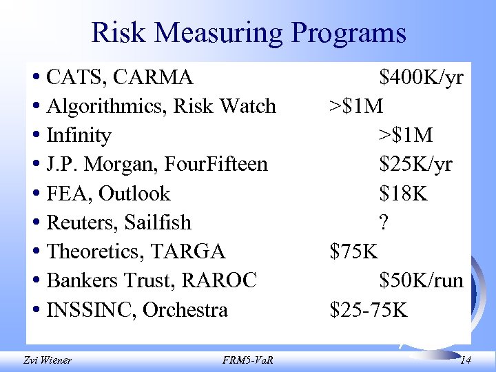 Risk Measuring Programs • CATS, CARMA • Algorithmics, Risk Watch • Infinity • J.