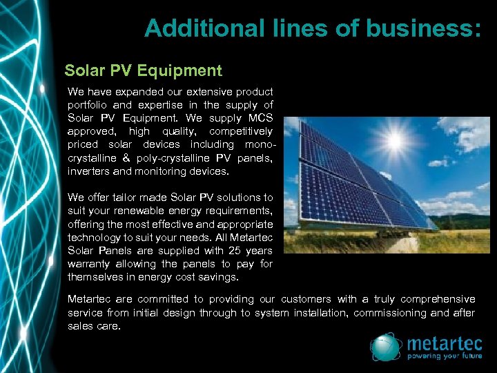 Additional lines of business: Solar PV Equipment We have expanded our extensive product portfolio