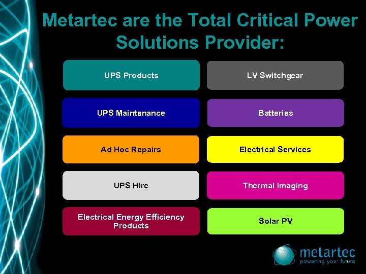 Metartec are the Total Critical Power Solutions Provider: UPS Products LV Switchgear UPS Maintenance