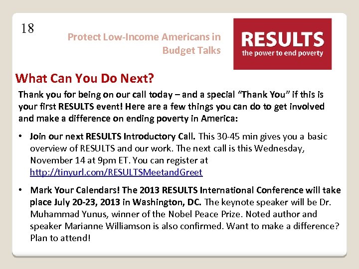 18 Protect Low-Income Americans in Budget Talks What Can You Do Next? Thank you