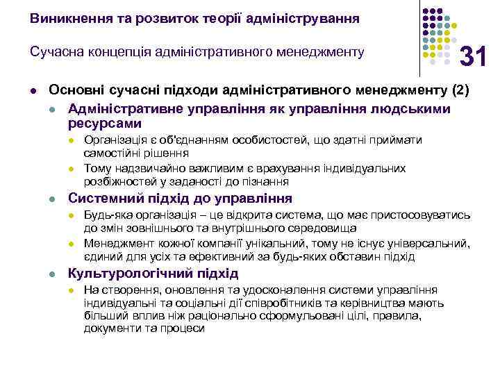 Виникнення та розвиток теорії адміністрування Сучасна концепція адміністративного менеджменту l 31 Основні сучасні підходи