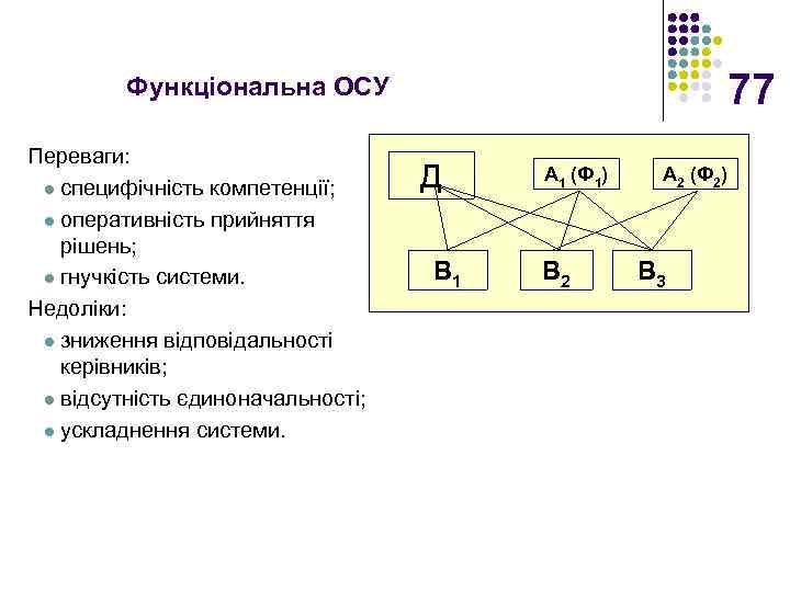 77 Функціональна ОСУ Переваги: l специфічність компетенції; l оперативність прийняття рішень; l гнучкість системи.