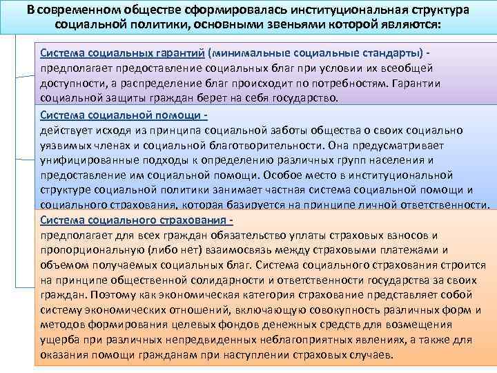 В современном обществе сформировалась институциональная структура социальной политики, основными звеньями которой являются: Система социальных