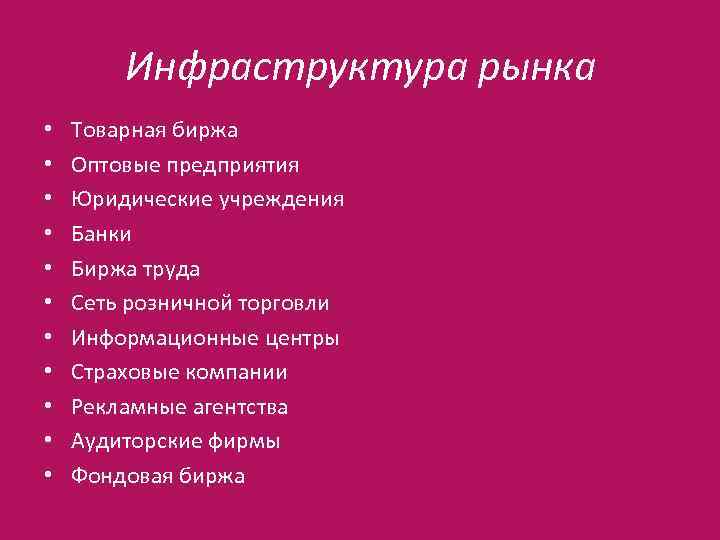 Инфраструктура рынка • • • Товарная биржа Оптовые предприятия Юридические учреждения Банки Биржа труда