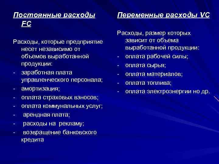 Постоянные расходы FC Расходы, которые предприятие несет независимо от объемов выработанной продукции: - заработная