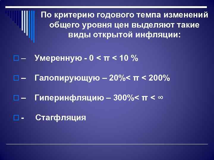 По критерию годового темпа изменений общего уровня цен выделяют такие виды открытой инфляции: o–