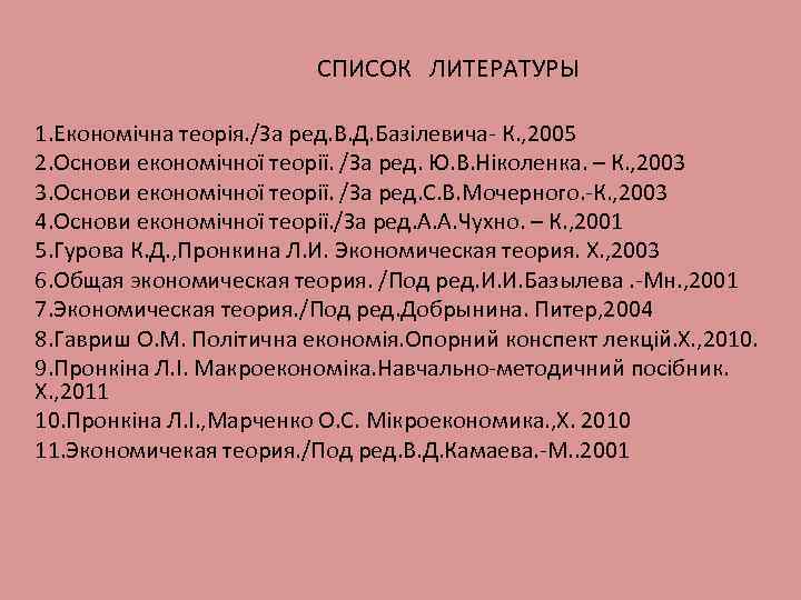 СПИСОК ЛИТЕРАТУРЫ 1. Економічна теорія. /За ред. В. Д. Базілевича- К. , 2005 2.