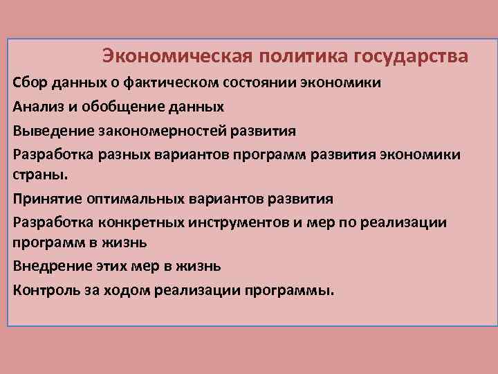 Экономическая политика государства Сбор данных о фактическом состоянии экономики Анализ и обобщение данных Выведение