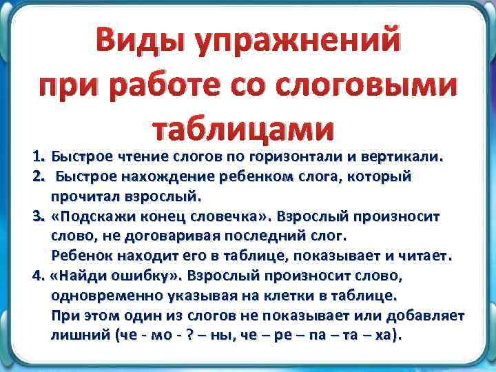 Виды упражнений при работе со слоговыми таблицами 1. Быстрое чтение слогов по горизонтали и