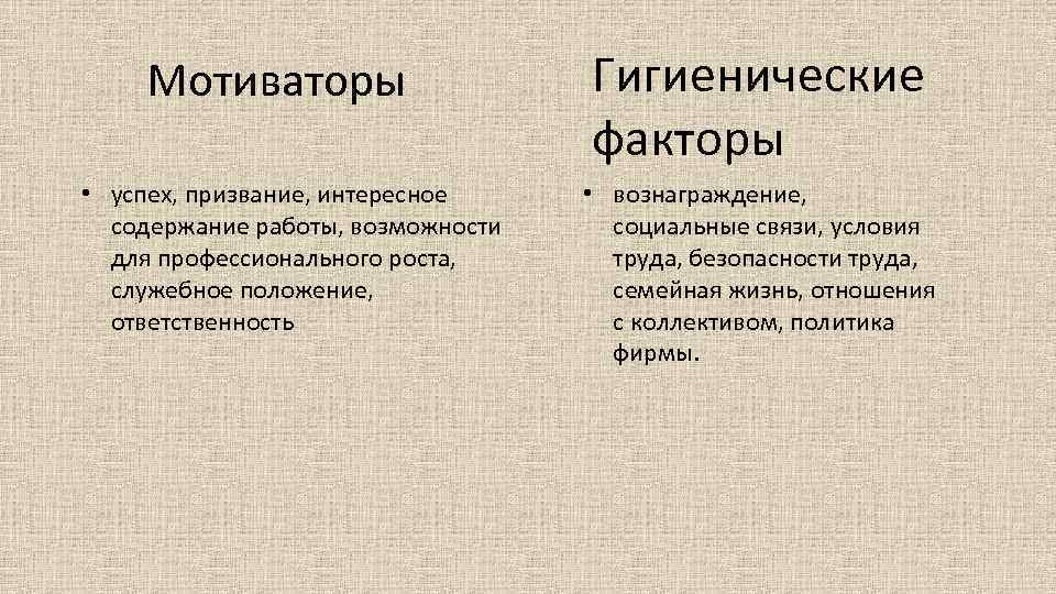 Мотиваторы • успех, призвание, интересное содержание работы, возможности для профессионального роста, служебное положение, ответственность