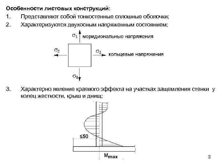 Особенности листовых конструкций: 1. Представляют собой тонкостенные сплошные оболочки; 2. Характеризуются двухосным напряженным состоянием;