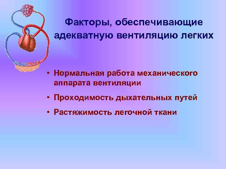 Факторы, обеспечивающие адекватную вентиляцию легких • Нормальная работа механического аппарата вентиляции • Проходимость дыхательных