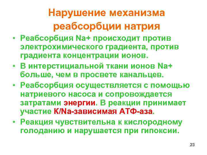 Нарушение механизма реабсорбции натрия • Реабсорбция Na+ происходит против электрохимического градиента, против градиента концентрации