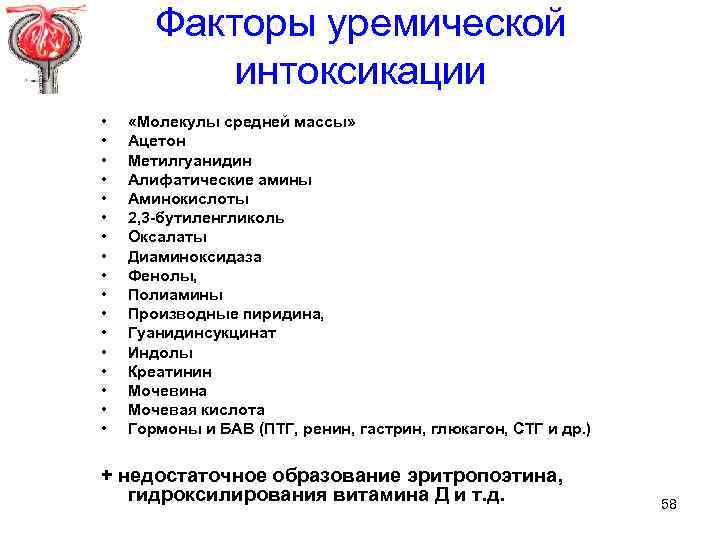 Факторы уремической интоксикации • • • • • «Молекулы средней массы» Ацетон Метилгуанидин Алифатические