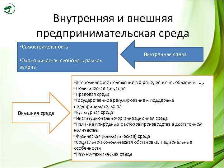 Внутренняя и внешняя предпринимательская среда • Самостоятельность • Экономическая свобода в рамках закона Внешняя