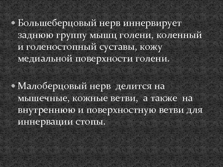  Большеберцовый нерв иннервирует заднюю группу мышц голени, коленный и голеностопный суставы, кожу медиальной