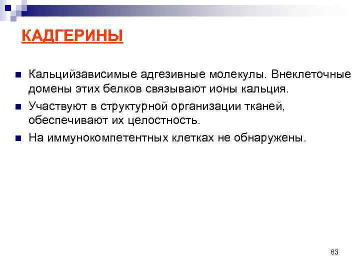 КАДГЕРИНЫ n n n Кальцийзависимые адгезивные молекулы. Внеклеточные домены этих белков связывают ионы кальция.