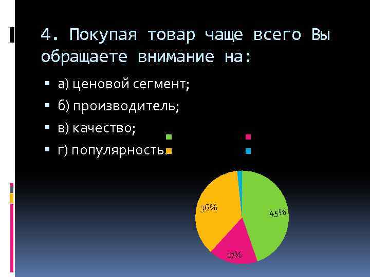 4. Покупая товар чаще всего Вы обращаете внимание на: а) ценовой сегмент; б) производитель;