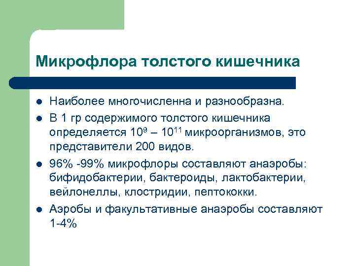 Микрофлора толстого кишечника l l Наиболее многочисленна и разнообразна. В 1 гр содержимого толстого