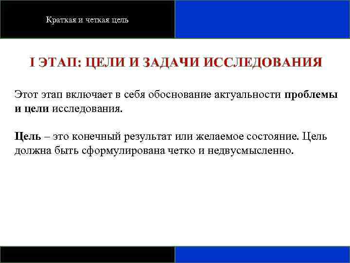 Краткая и четкая цель I ЭТАП: ЦЕЛИ И ЗАДАЧИ ИССЛЕДОВАНИЯ Этот этап включает в