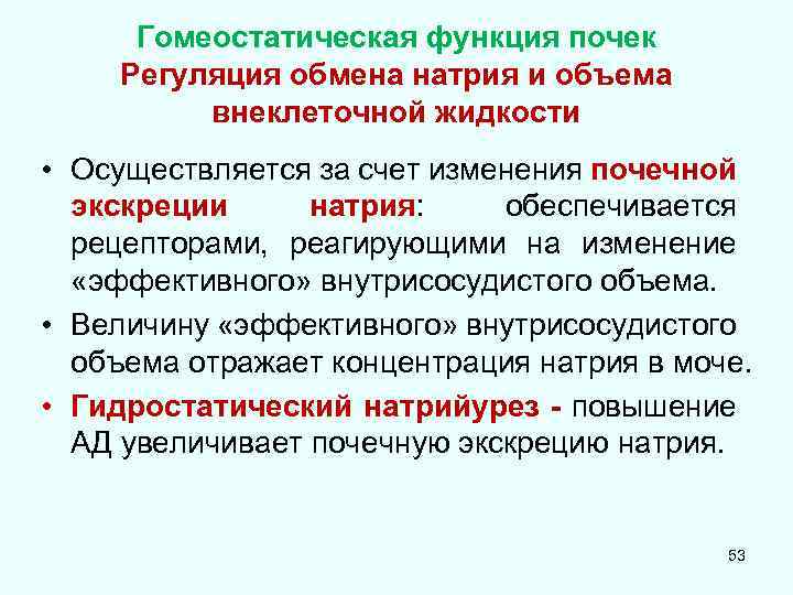 Гомеостатическая функция почек Регуляция обмена натрия и объема внеклеточной жидкости • Осуществляется за счет