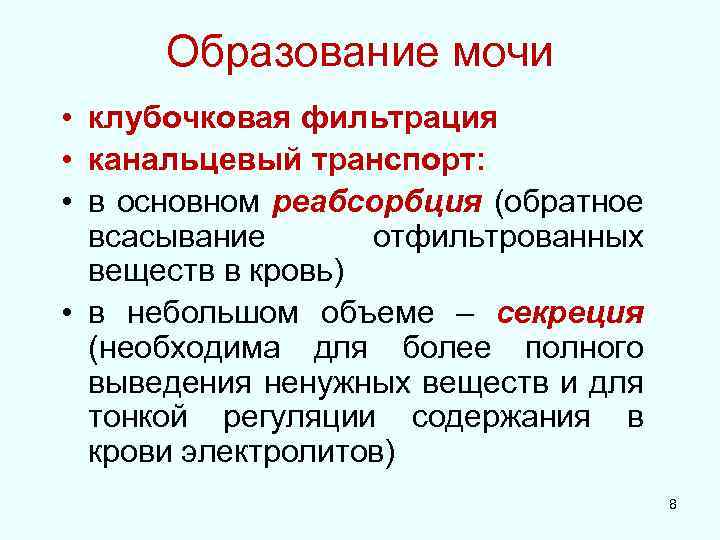 Образование мочи • клубочковая фильтрация • канальцевый транспорт: • в основном реабсорбция (обратное всасывание