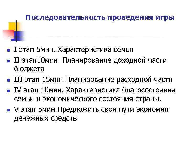 Последовательность проведения игры n n n I этап 5 мин. Характеристика семьи II этап