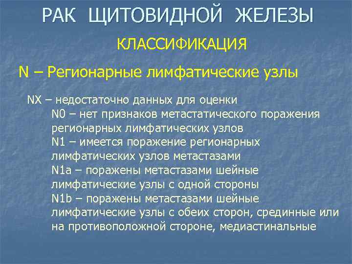 РАК ЩИТОВИДНОЙ ЖЕЛЕЗЫ КЛАССИФИКАЦИЯ N – Регионарные лимфатические узлы NХ – недостаточно данных для