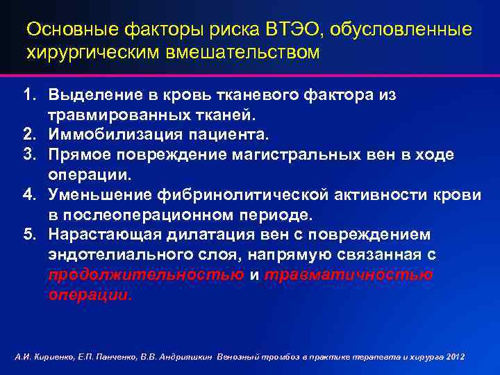 Основные факторы риска ВТЭО, обусловленные хирургическим вмешательством 1. Выделение в кровь тканевого фактора из