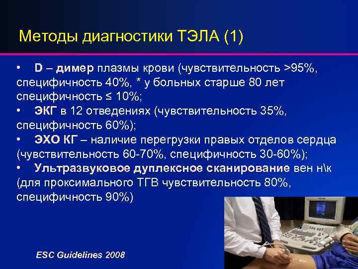 Методы диагностики ТЭЛА (1) • D – димер плазмы крови (чувствительность ˃95%, специфичность 40%,