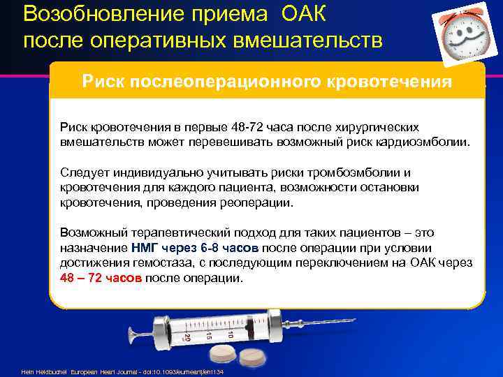 Возобновление приема ОАК после оперативных вмешательств Риск послеоперационного кровотечения Риск кровотечения в первые 48