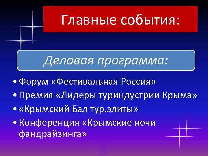 Главные события: Деловая программа: • Форум «Фестивальная Россия» • Премия «Лидеры туриндустрии Крыма» •