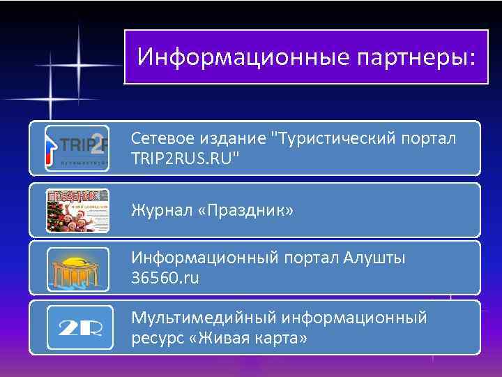 Информационные партнеры: Сетевое издание "Туристический портал TRIP 2 RUS. RU" Журнал «Праздник» Информационный портал