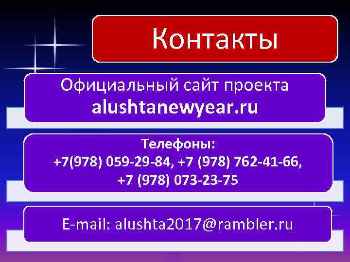 Контакты Официальный сайт проекта alushtanewyear. ru Телефоны: +7(978) 059 -29 -84, +7 (978) 762
