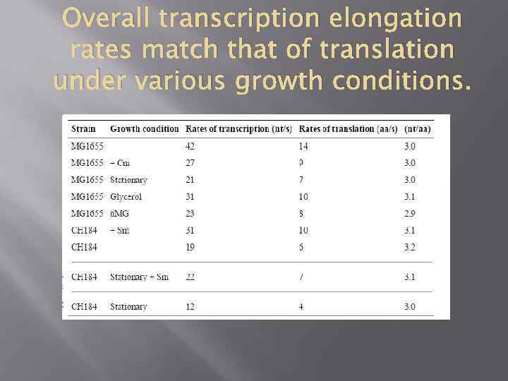 Overall transcription elongation rates match that of translation under various growth conditions. 